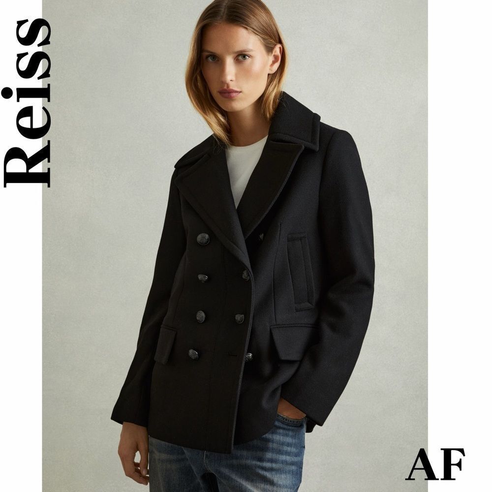 Reiss Lily Double Breasted Black Pea Coat Size 14 or Large New